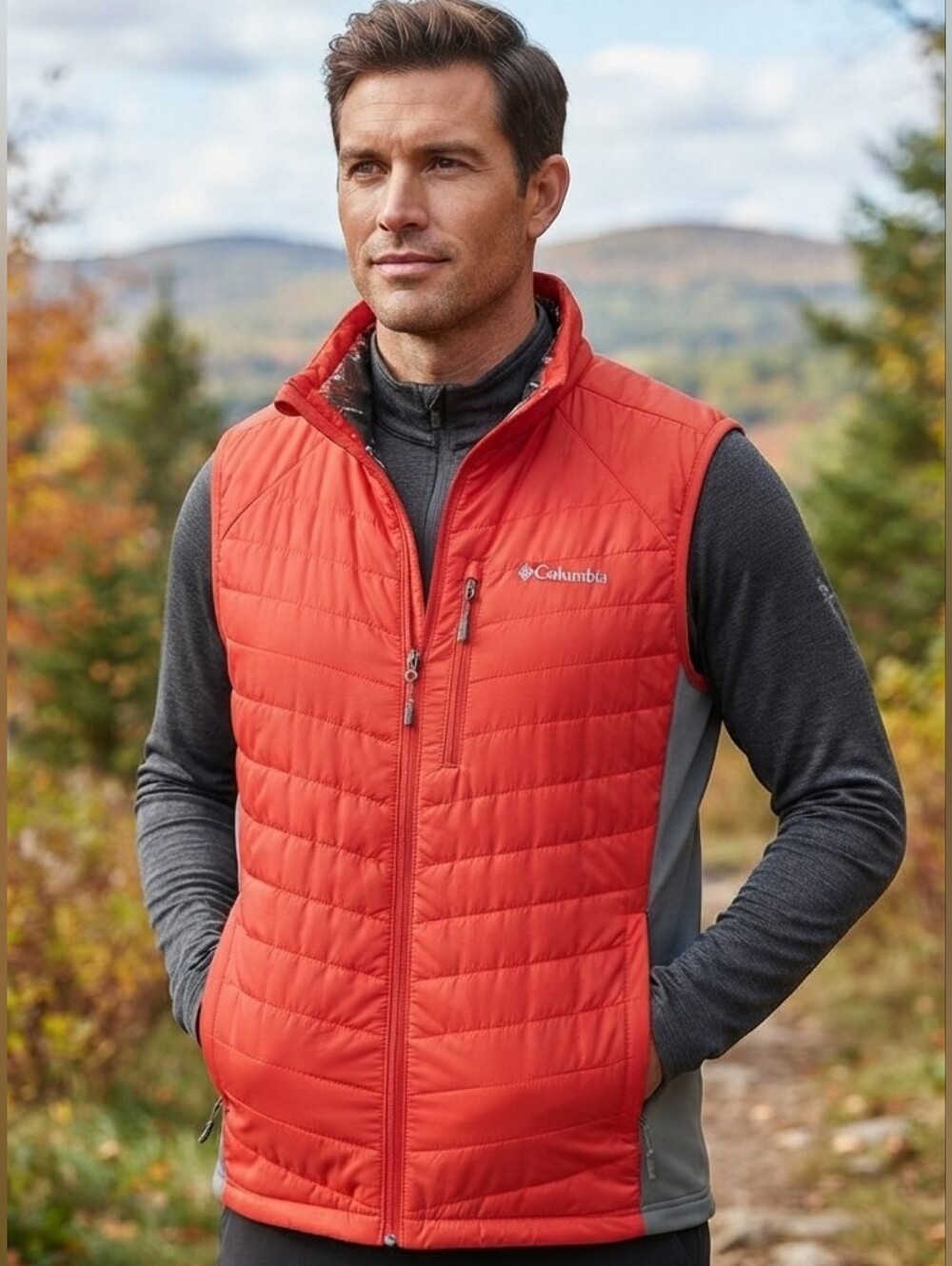 Columbia Red Gray Omni-Heat Quilted Active Vest Men's Size Large - EUC